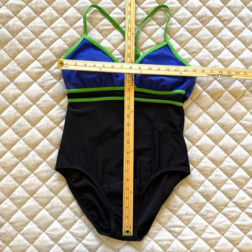 Catalina One Piece‎ Swimsuit L Black Blue Green Colorblock Strappy
